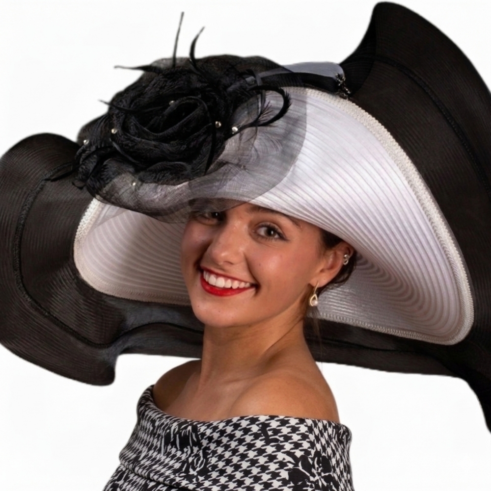 Extravagant Couture Wide Brim Bold Avant Garde Black White Hat Church Derby Tea